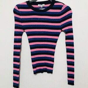 hooked up pink sweater  blue stripe long sleeve ribbed top size S